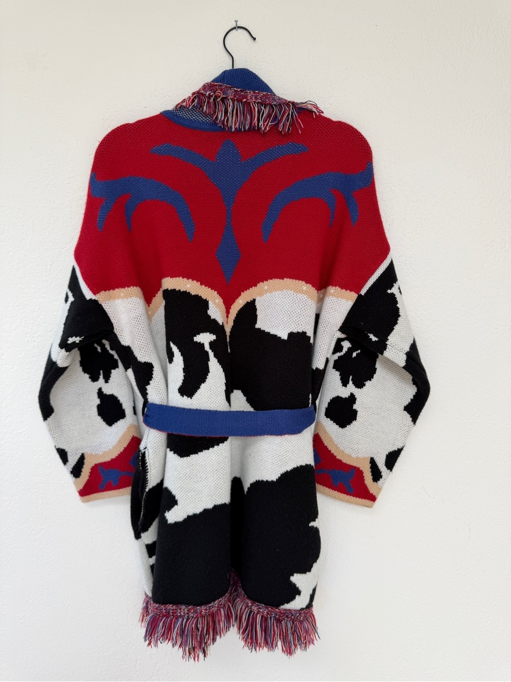 FRINGED cow print colorful oversized fringed belted cardigan sweater / S - Picture 6 of 12